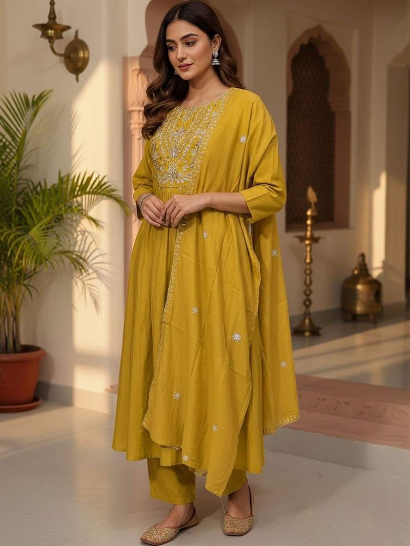 Women Ethnic Motifs Embroidered Panelled Thread Work Kurta with Trousers & With Dupatta