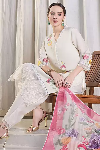 Women Floral Embroidered Kurta with Trousers & Dupatta