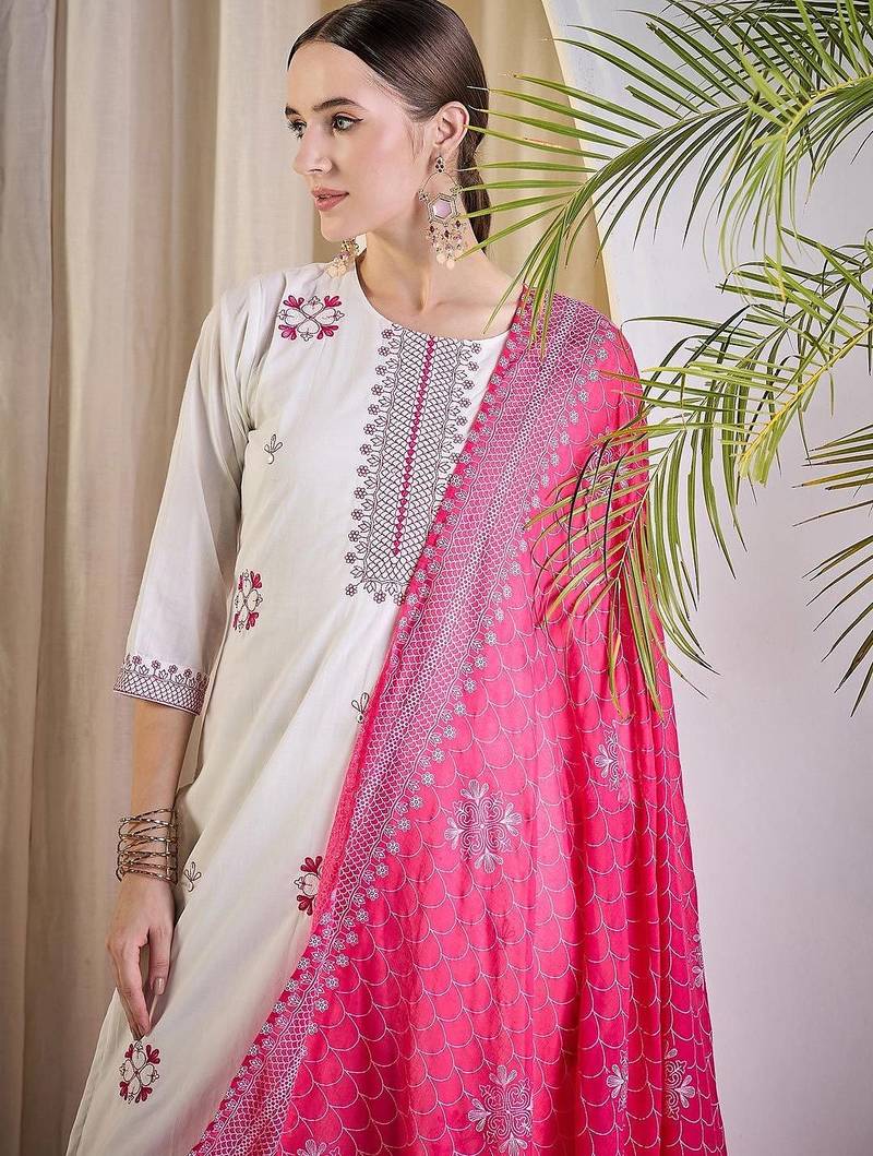Women Ethnic Motifs Embroidered Cotton Kurta with Trousers & Dupatta