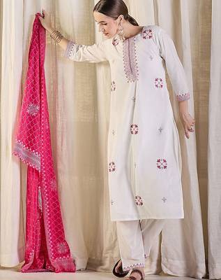Women Ethnic Motifs Embroidered Cotton Kurta with Trousers & Dupatta 2