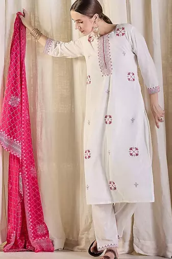Women Ethnic Motifs Embroidered Cotton Kurta with Trousers & Dupatta
