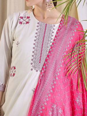 Women Ethnic Motifs Embroidered Cotton Kurta with Trousers & Dupatta 3