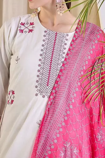 Women Ethnic Motifs Embroidered Cotton Kurta with Trousers & Dupatta