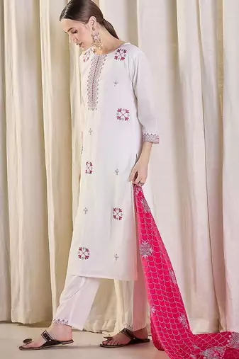 Women Ethnic Motifs Embroidered Cotton Kurta with Trousers & Dupatta