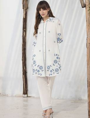 Floral Embroidered Thread Work Pure Cotton Kurta With Trousers 1