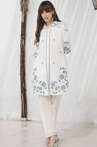 Floral Embroidered Thread Work Pure Cotton Kurta With Trousers