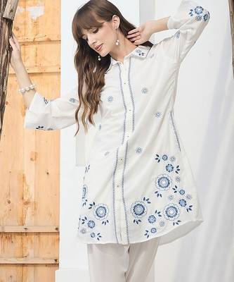 Floral Embroidered Thread Work Pure Cotton Kurta With Trousers 2