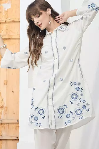 Floral Embroidered Thread Work Pure Cotton Kurta With Trousers