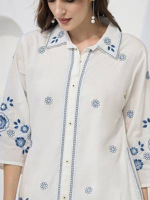 Floral Embroidered Thread Work Pure Cotton Kurta With Trousers 3