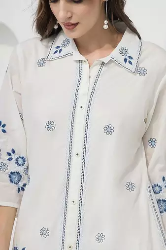 Floral Embroidered Thread Work Pure Cotton Kurta With Trousers