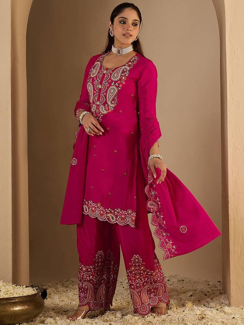 Women Paisley Printed Regular Sequinned Kurta with Palazzos & Dupatta