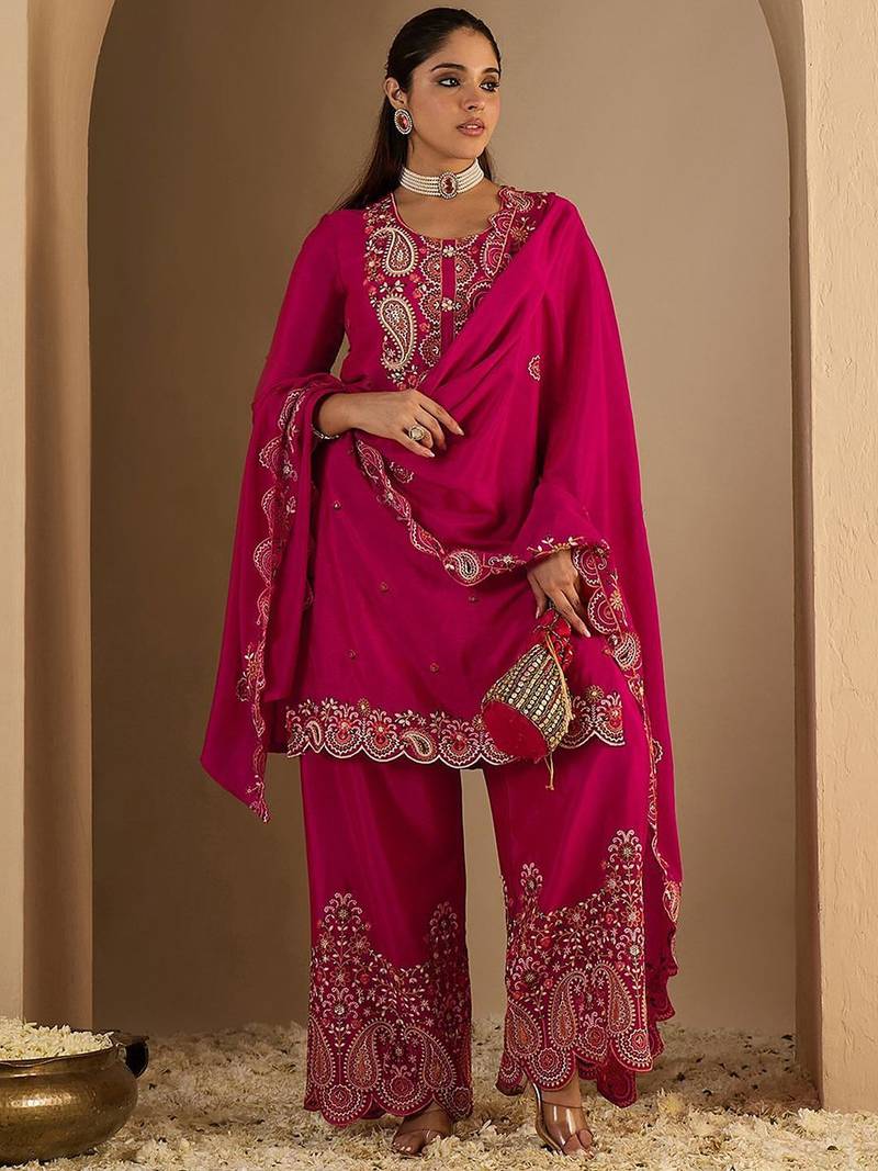 Women Paisley Printed Regular Sequinned Kurta with Palazzos & Dupatta