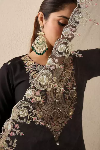 Ethnic Motifs Embroidered Thread Work Liva Straight Kurta With Trousers & Dupatta