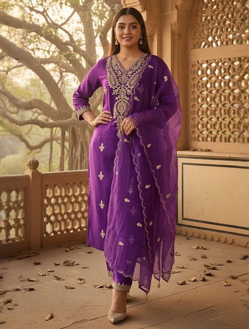 Women Ethnic Motifs Embroidered Kurta with Trousers & Dupatta