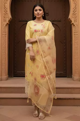 Women Floral Printed Regular Thread Work Kurta with Trousers & Dupatta