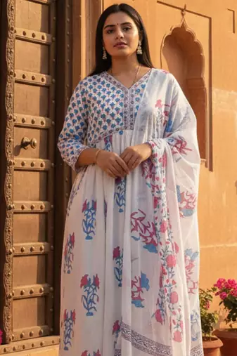 Women Floral Printed Empire Pure Cotton Kurta with Trousers & Dupatta