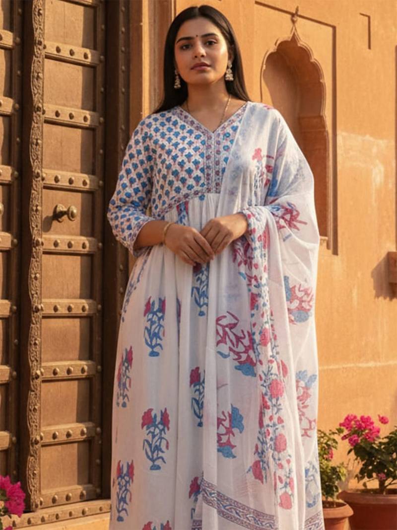 Women Floral Printed Empire Pure Cotton Kurta with Trousers & Dupatta