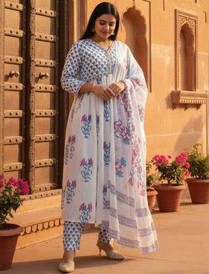 Women Floral Printed Empire Pure Cotton Kurta with Trousers & Dupatta 2
