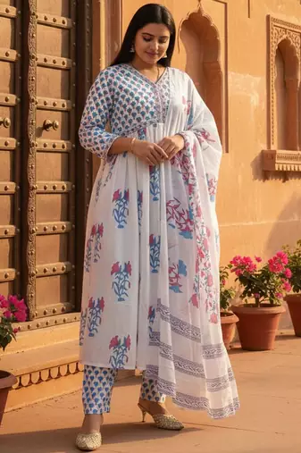 Women Floral Printed Empire Pure Cotton Kurta with Trousers & Dupatta