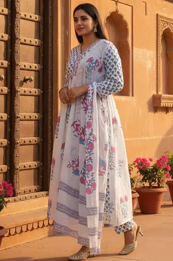 Women Floral Printed Empire Pure Cotton Kurta with Trousers & Dupatta
