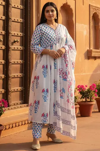 Women Floral Printed Empire Pure Cotton Kurta with Trousers & Dupatta