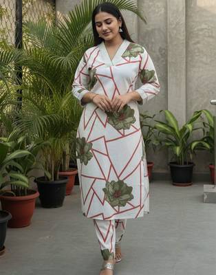 Women Floral Printed Regular Thread Work Pure Cotton Kurta with Trousers 2