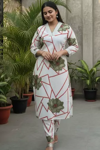 Women Floral Printed Regular Thread Work Pure Cotton Kurta with Trousers