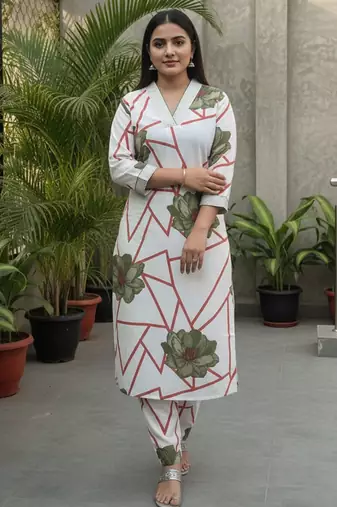 Women Floral Printed Regular Thread Work Pure Cotton Kurta with Trousers