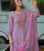 Floral Yoke Design V-Neck Thread Work Straight Kurta With Trousers & Dupatta