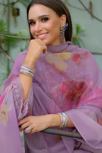 Floral Yoke Design V-Neck Thread Work Straight Kurta With Trousers & Dupatta