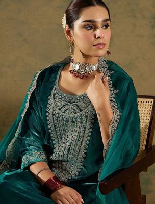 Floral Yoke Design Sequinned Velvet Straight Kurta With Trousers & Dupatta 1