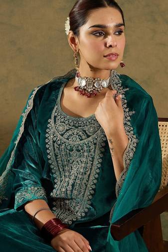 Floral Yoke Design Sequinned Velvet Straight Kurta With Trousers & Dupatta
