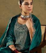 Floral Yoke Design Sequinned Velvet Straight Kurta With Trousers & Dupatta