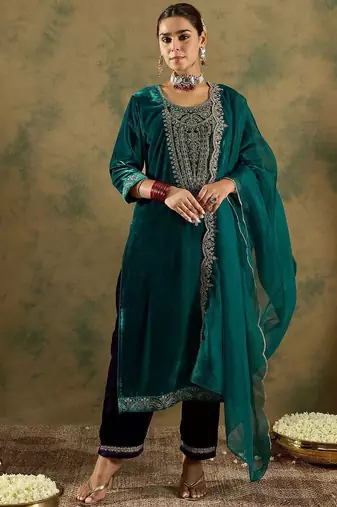 Floral Yoke Design Sequinned Velvet Straight Kurta With Trousers & Dupatta