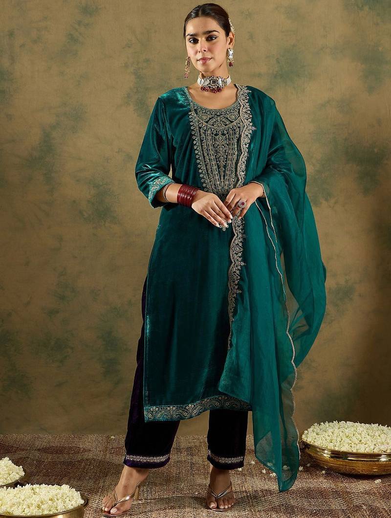 Floral Yoke Design Sequinned Velvet Straight Kurta With Trousers & Dupatta