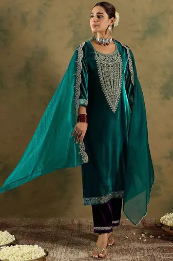 Floral Yoke Design Sequinned Velvet Straight Kurta With Trousers & Dupatta