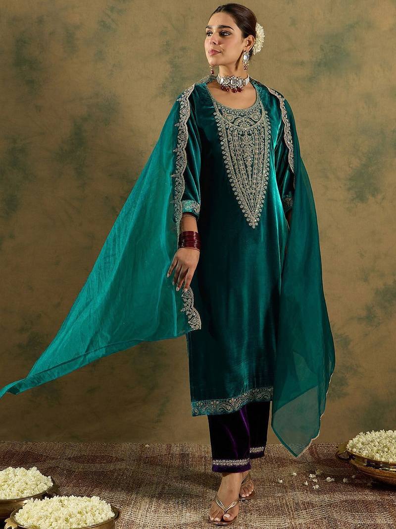 Floral Yoke Design Sequinned Velvet Straight Kurta With Trousers & Dupatta