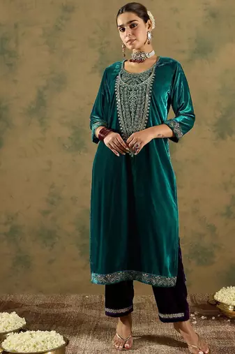 Floral Yoke Design Sequinned Velvet Straight Kurta With Trousers & Dupatta