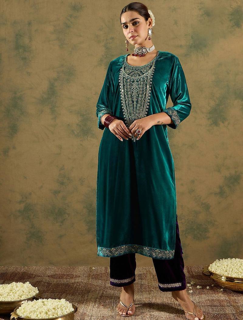 Floral Yoke Design Sequinned Velvet Straight Kurta With Trousers & Dupatta
