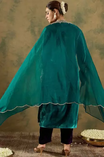 Floral Yoke Design Sequinned Velvet Straight Kurta With Trousers & Dupatta