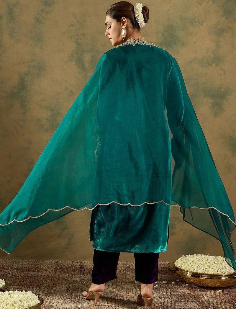 Floral Yoke Design Sequinned Velvet Straight Kurta With Trousers & Dupatta