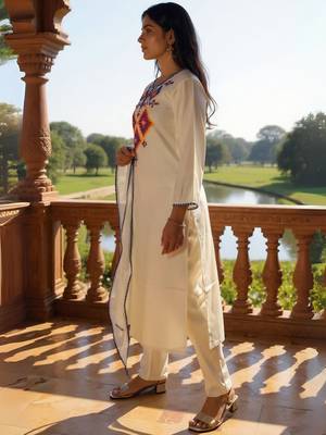 Women Embroidered Regular Thread Work Liva Kurta with Trousers & Dupatta 4