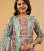 Floral Printed Mirror Work Straight Kurta With Trousers & Dupatta