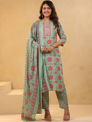 Floral Printed Mirror Work Straight Kurta With Trousers & Dupatta 2