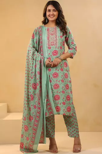 Floral Printed Mirror Work Straight Kurta With Trousers & Dupatta