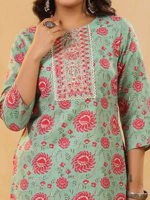 Floral Printed Mirror Work Straight Kurta With Trousers & Dupatta 3
