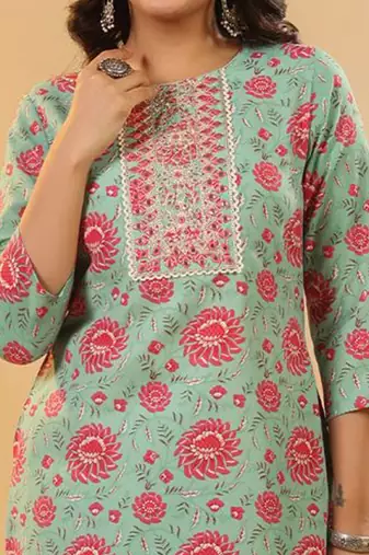 Floral Printed Mirror Work Straight Kurta With Trousers & Dupatta
