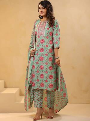 Floral Printed Mirror Work Straight Kurta With Trousers & Dupatta 4