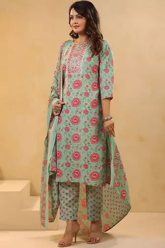 Floral Printed Mirror Work Straight Kurta With Trousers & Dupatta