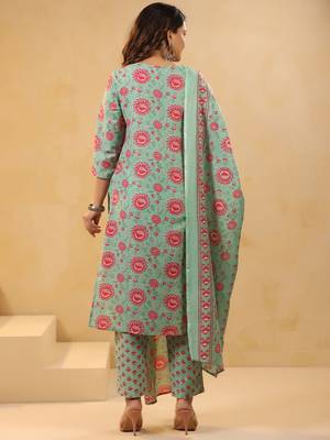Floral Printed Mirror Work Straight Kurta With Trousers & Dupatta 5